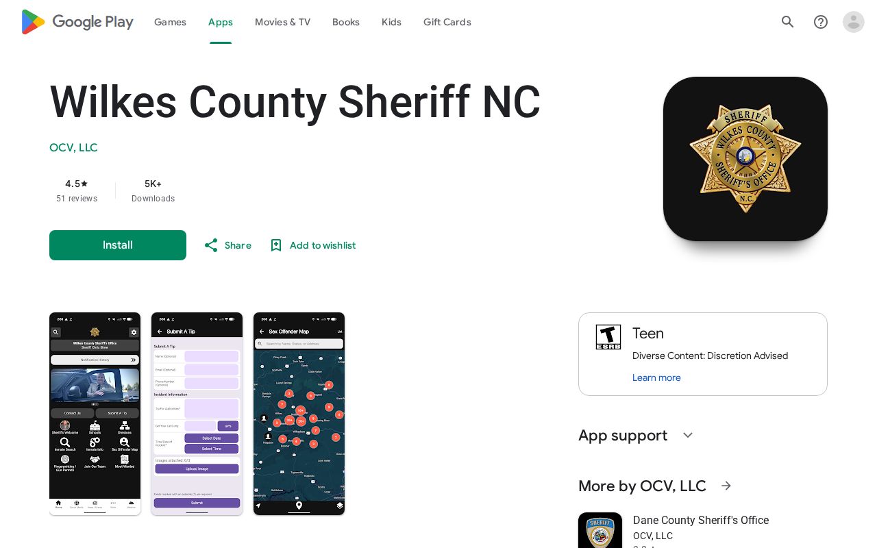 Google Play listing for the Wilkes County Sheriff NC app