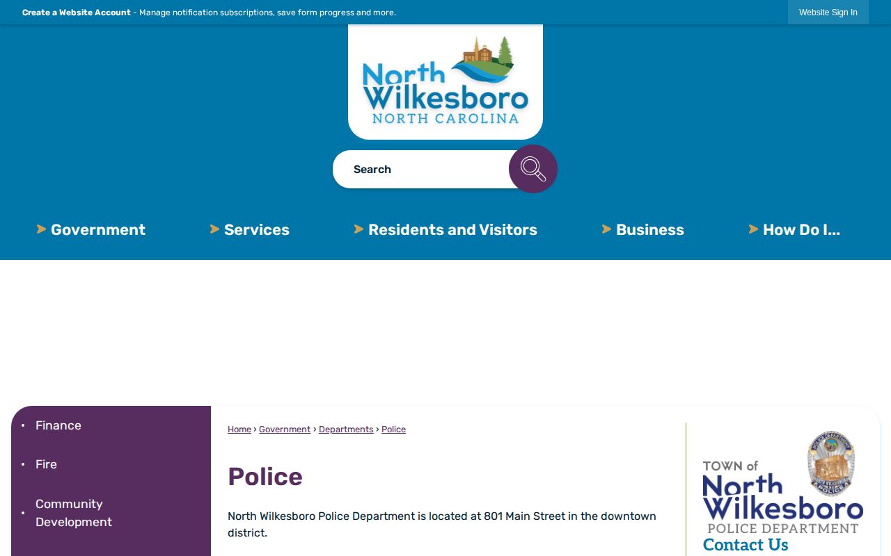 Official North Wilkesboro Police Department webpage with department contact information