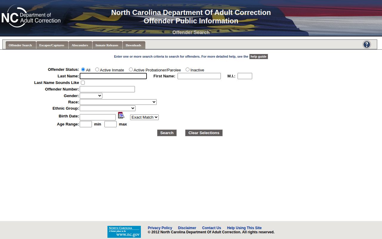 NCDAC offender search form for records beyond Wilkes County arrest custody