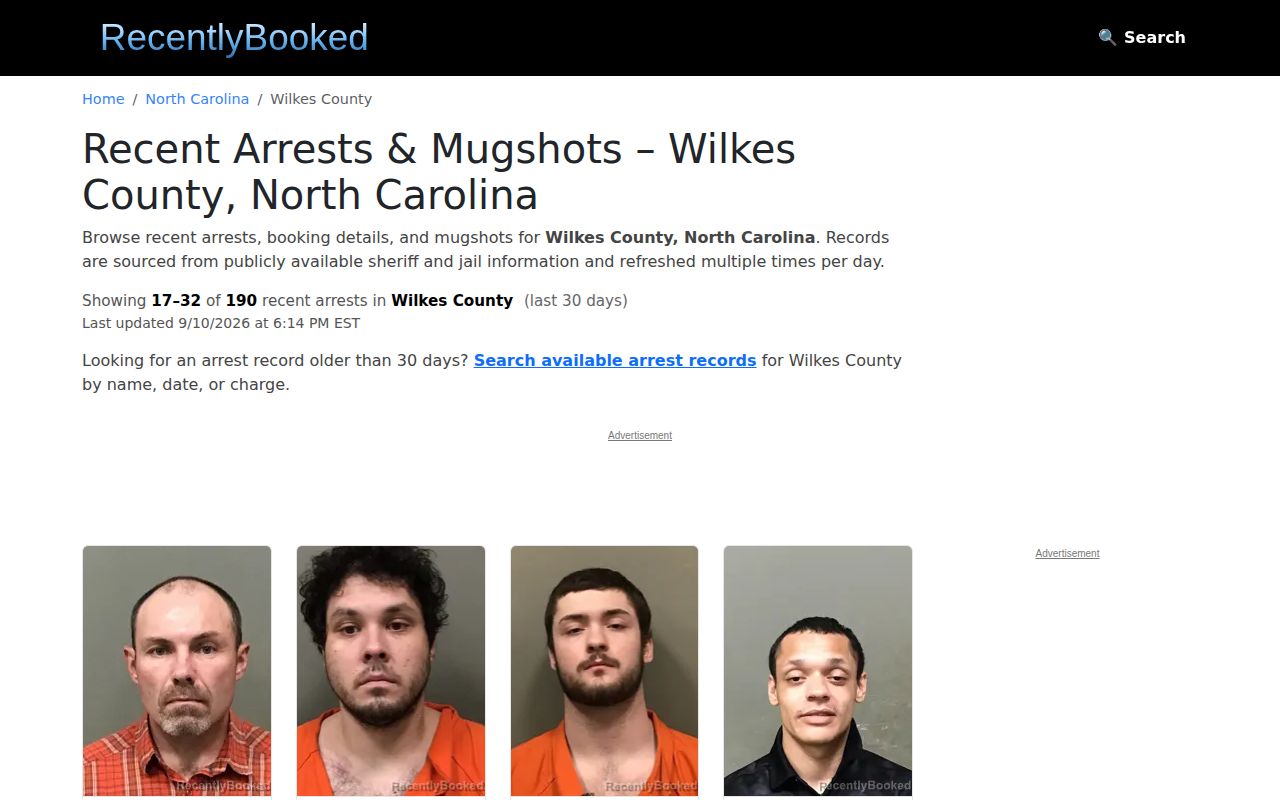 RecentlyBooked Wilkes County arrest-report records page