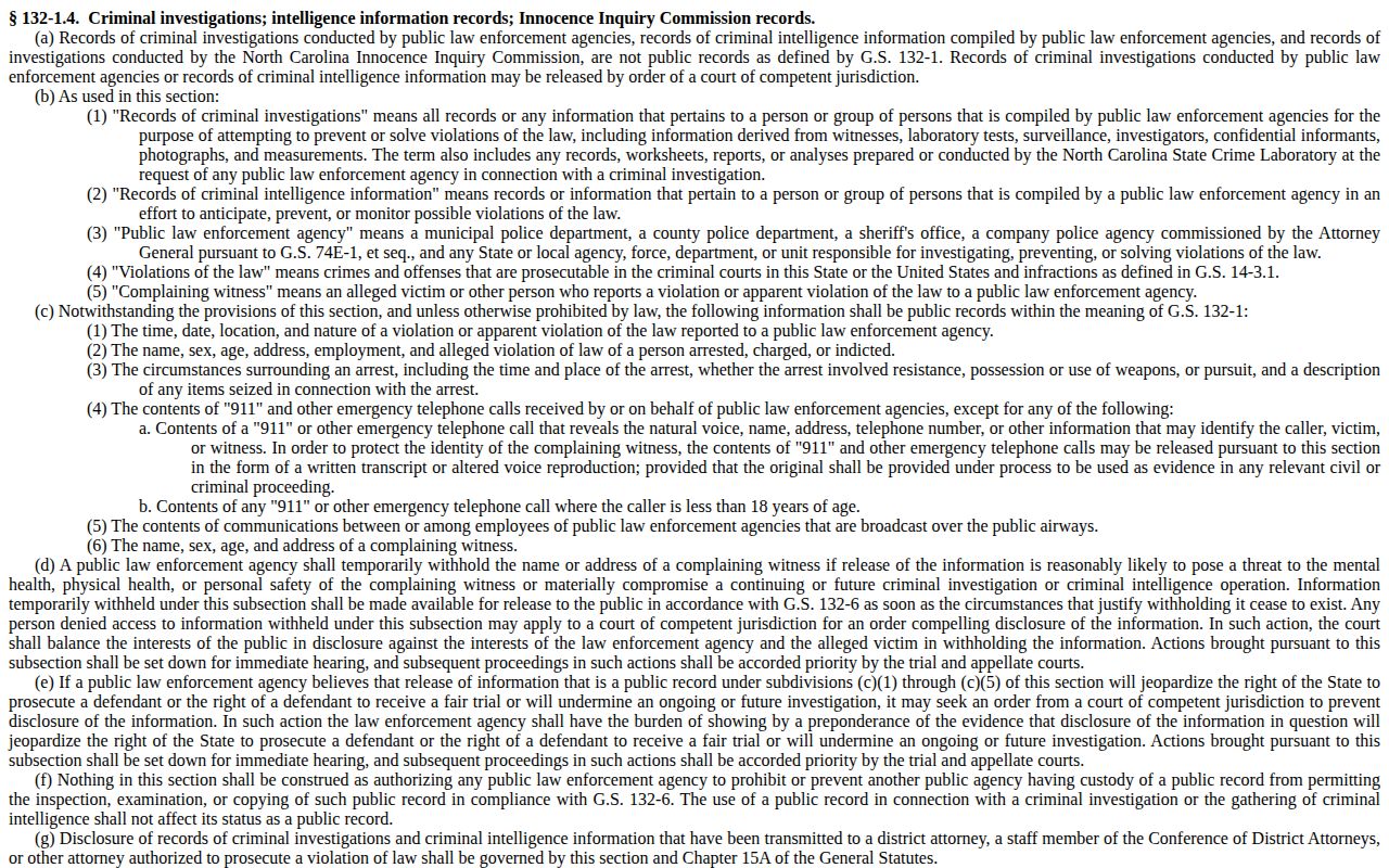 North Carolina statute governing Wilkes County arrest and investigation records